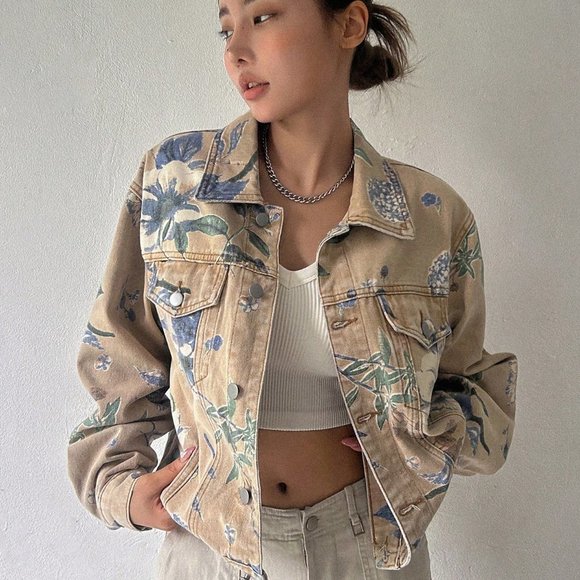 Multicolor Casual Womens Floral Print Drop Shoulder Denim Jacket - Picture 4 of 5